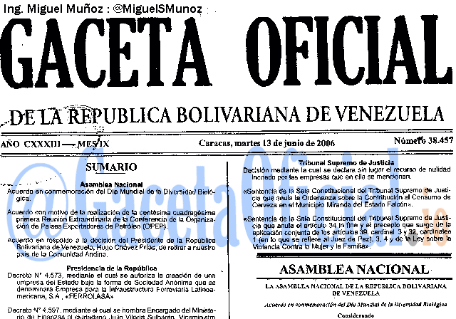 Gaceta Oficial 38457 del 13 Junio 2006