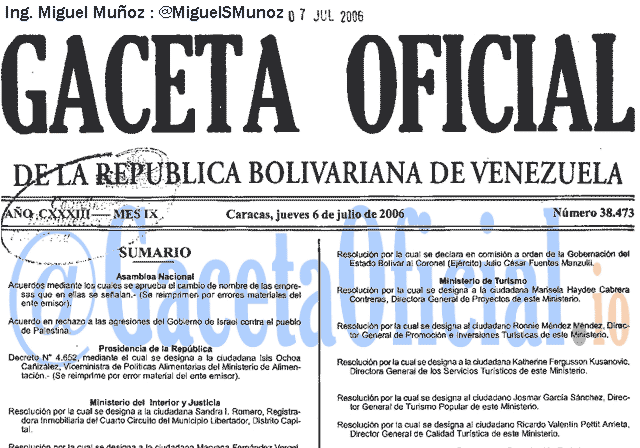 Gaceta Oficial 38473 del 6 Julio 2006