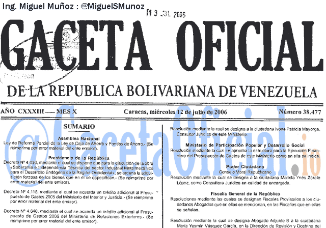 Gaceta Oficial 38477 del 12 Julio 2006
