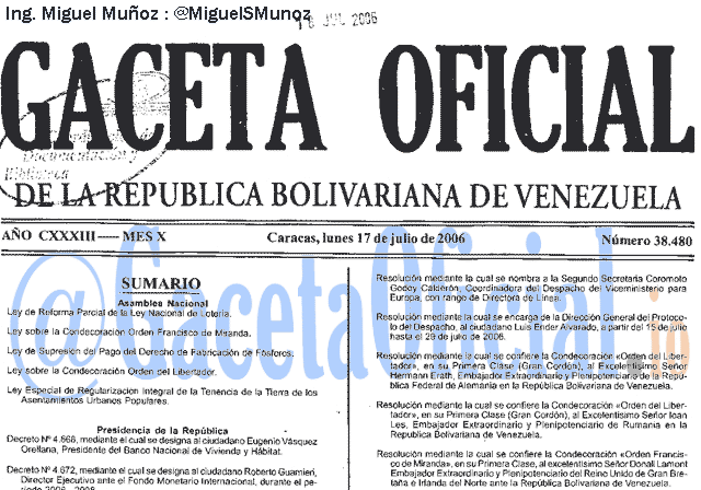 Gaceta Oficial 38480 del 17 Julio 2006