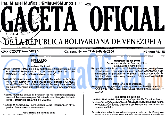 Gaceta Oficial 38488 del 28 Julio 2006