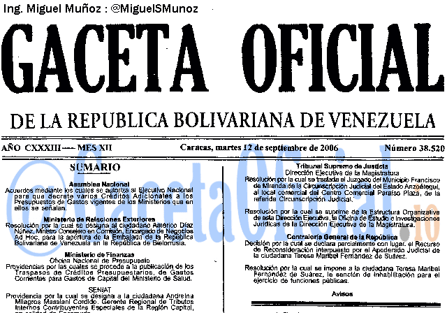 Gaceta Oficial 38520 del 12 Septiembre 2006