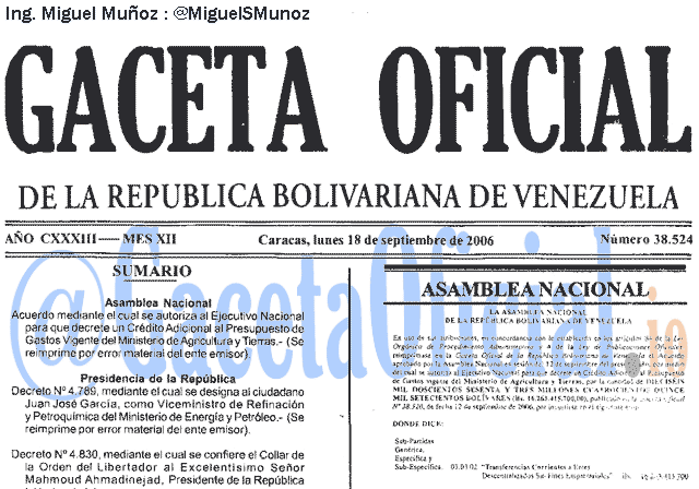 Gaceta Oficial 38524 del 18 Septiembre 2006