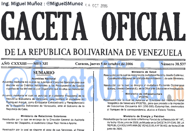 Gaceta Oficial 38537 del 5 Octubre 2006