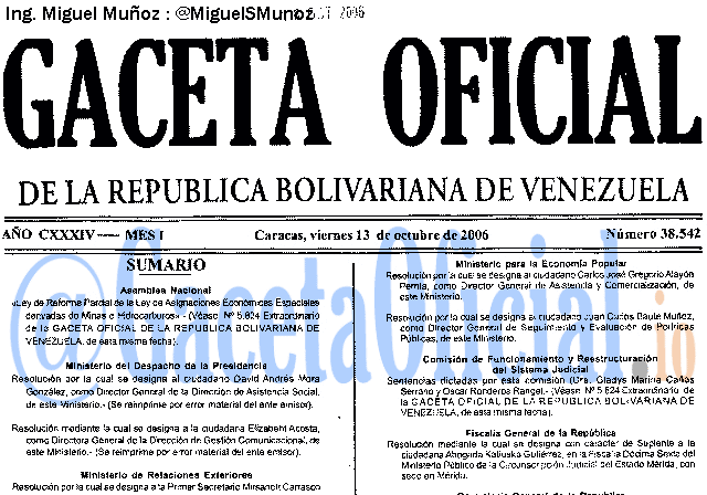 Gaceta Oficial 38542 del 13 Octubre 2006