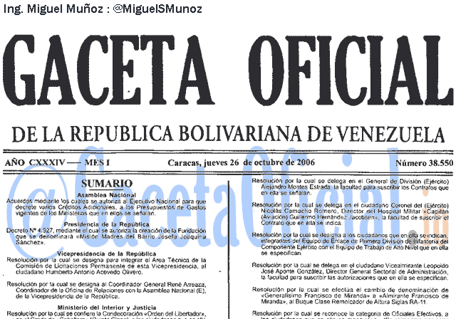 Gaceta Oficial 38550 del 26 Octubre 2006
