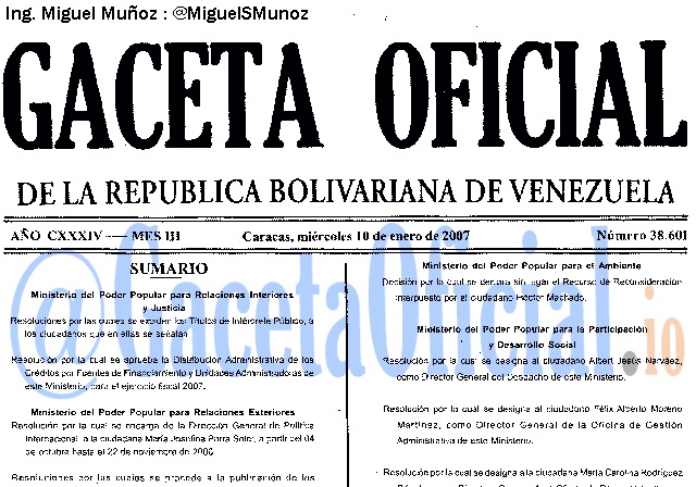 Gaceta Oficial 38601 del 10 Enero 2007