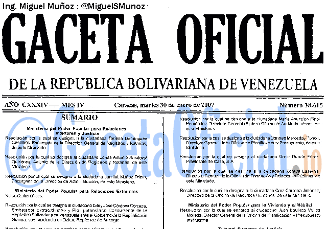 Gaceta Oficial 38615 del 30 Enero 2007