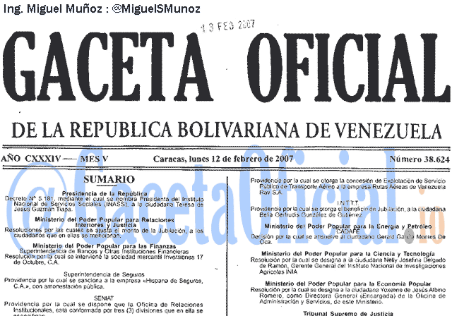 Gaceta Oficial 38624 del 12 Febrero 2007