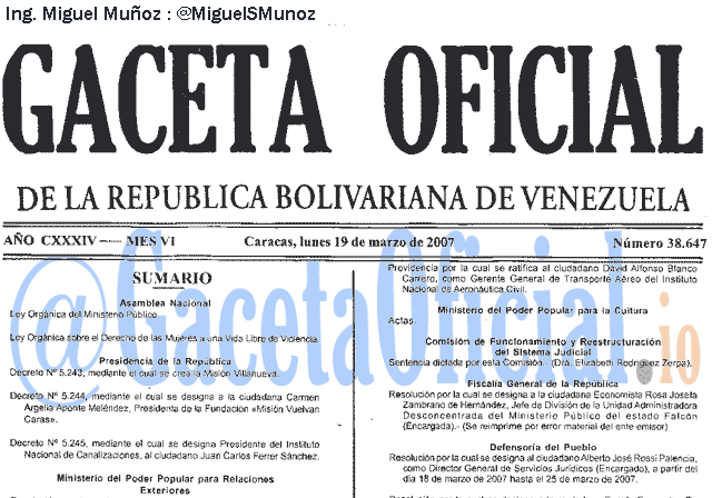 Gaceta Oficial 38647 del 19 Marzo 2007