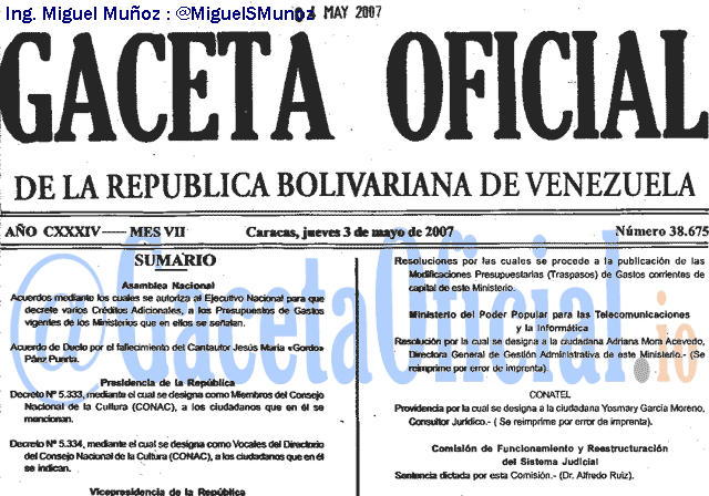 Gaceta Oficial 38675 del 3 Mayo 2007