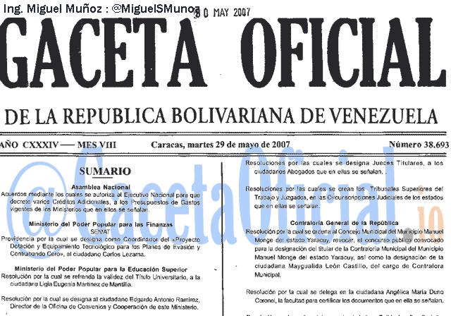 Gaceta Oficial 38693 del 29 Mayo 2007