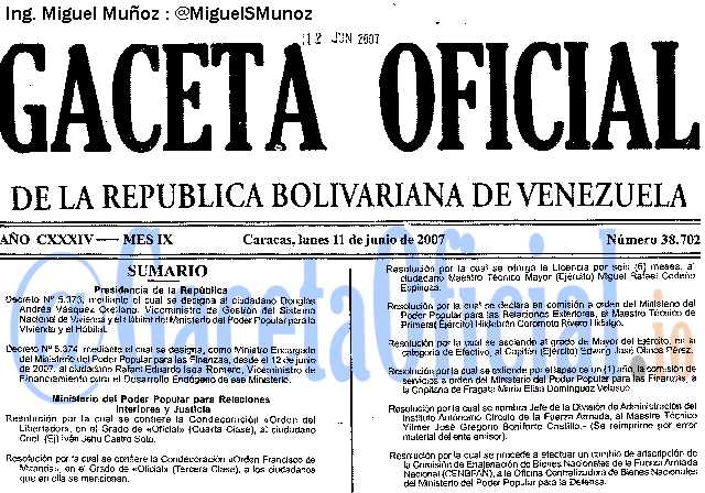 Gaceta Oficial 38702 del 11 Junio 2007