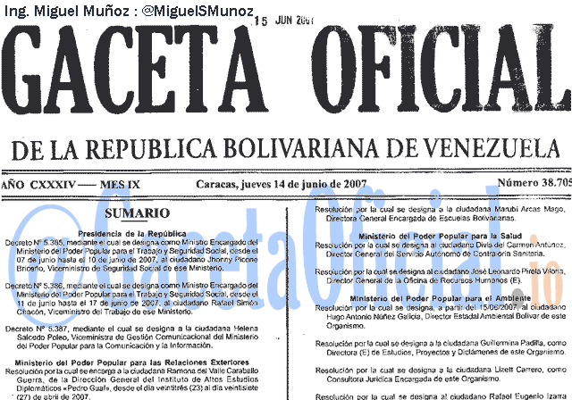 Gaceta Oficial 38705 del 14 Junio 2007