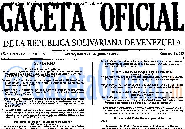 Gaceta Oficial 38713 del 26 Junio 2007