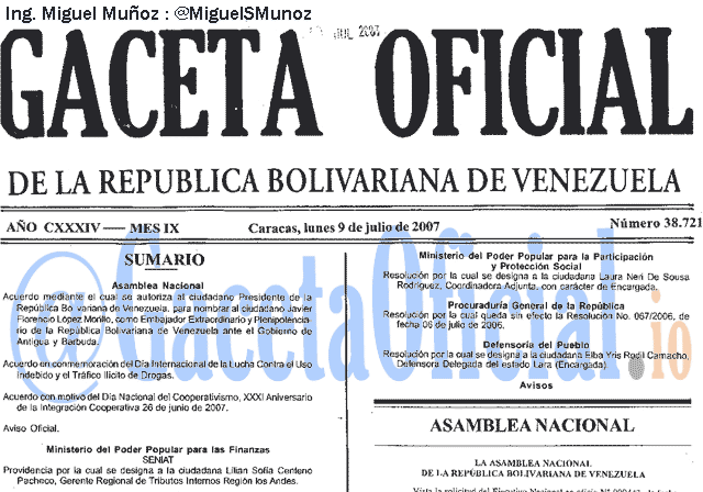 Gaceta Oficial 38721 del 9 Julio 2007