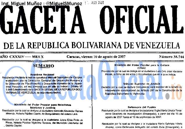 Gaceta Oficial 38744 del 10 Agosto 2007