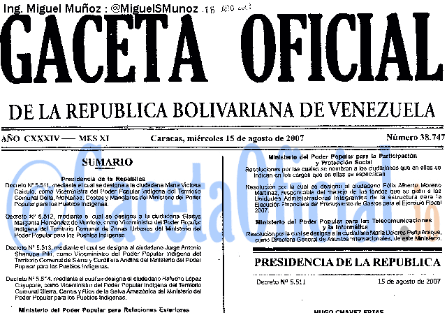 Gaceta Oficial 38747 del 15 Agosto 2007
