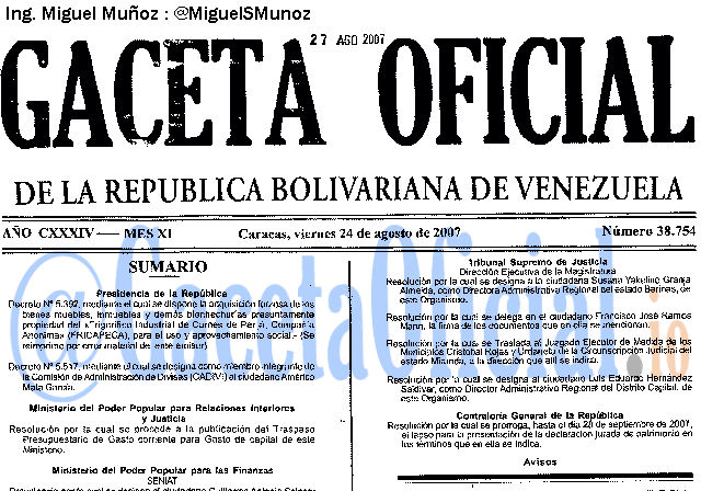 Gaceta Oficial 38754 del 24 Agosto 2007