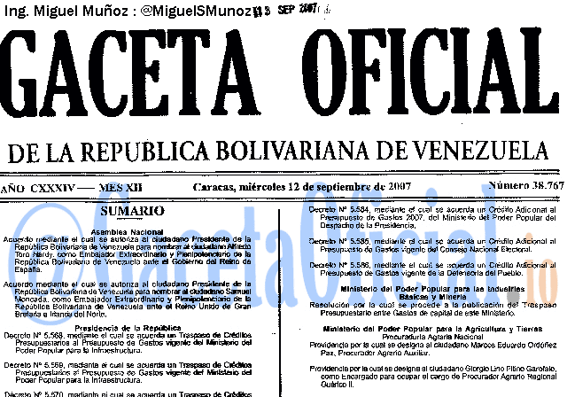 Gaceta Oficial 38767 del 12 Septiembre 2007