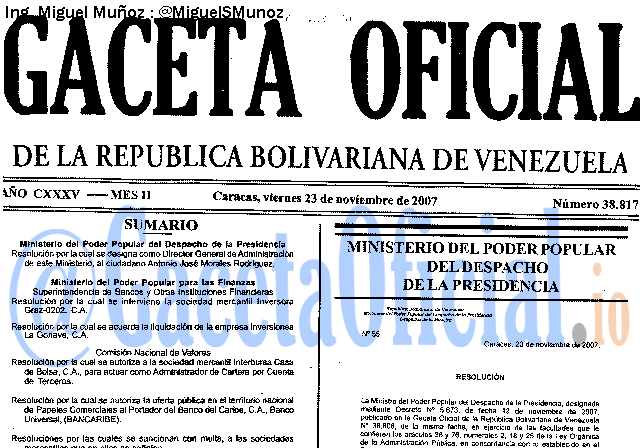 Gaceta Oficial 38817 del 23 Noviembre 2007