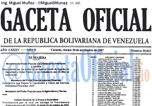 Gaceta Oficial 38822 del 30 Noviembre 2007
