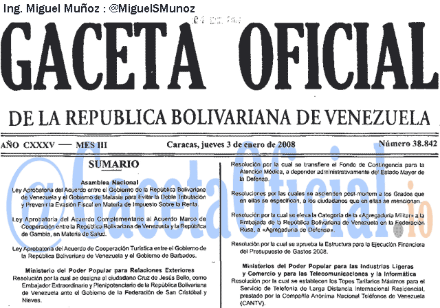 Gaceta Oficial 38842 del 3 Enero 2008