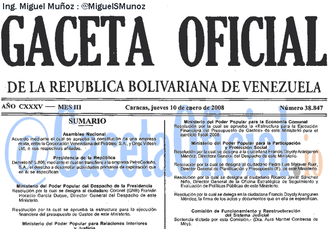 Gaceta Oficial 38847 del 10 Enero 2008