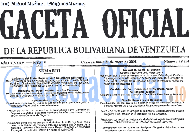 Gaceta Oficial 38854 del 21 Enero 2008