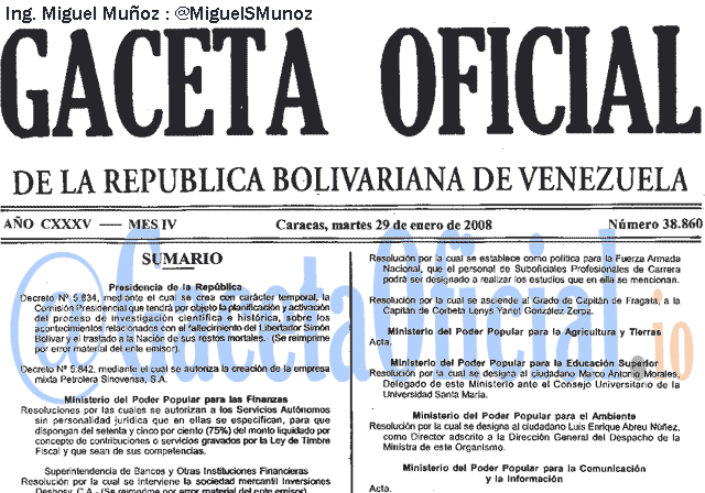 Gaceta Oficial 38860 del 29 Enero 2008