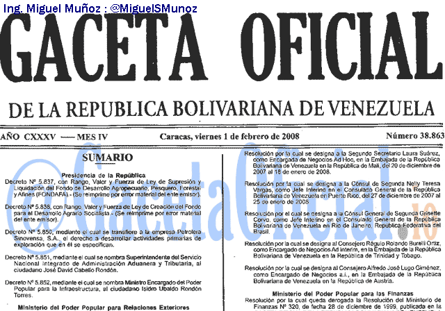 Gaceta Oficial 38863 del 1 Febrero 2008