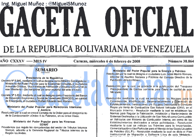 Gaceta Oficial 38864 del 6 Febrero 2008