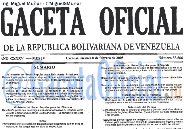 Gaceta Oficial 38866 del 8 Febrero 2008