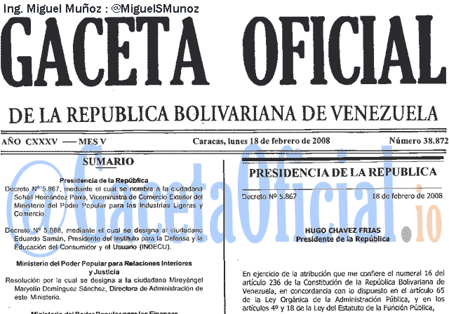 Gaceta Oficial 38872 del 18 Febrero 2008