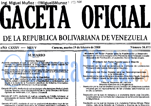 Gaceta Oficial 38873 del 19 Febrero 2008