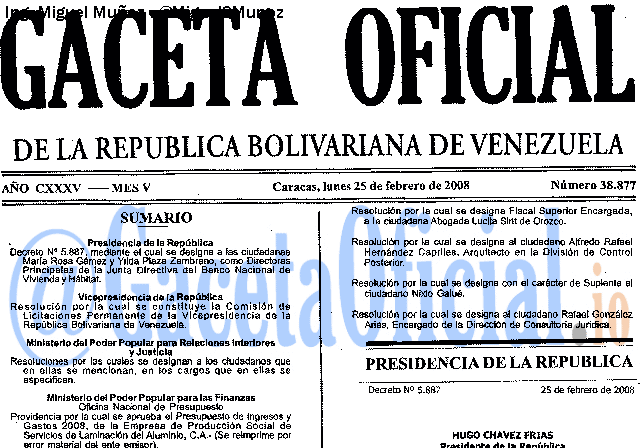 Gaceta Oficial 38877 del 25 Febrero 2008