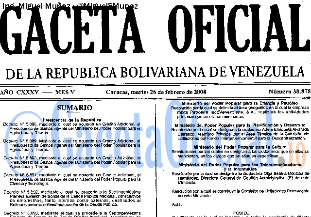 Gaceta Oficial 38878 del 26 Febrero 2008