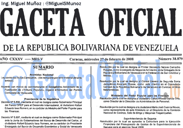 Gaceta Oficial 38879 del 27 Febrero 2008
