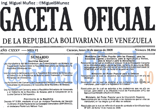 Gaceta Oficial 38894 del 24 Marzo 2008