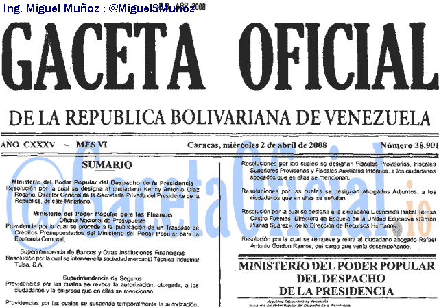 Gaceta Oficial 38901 del 2 Abril 2008