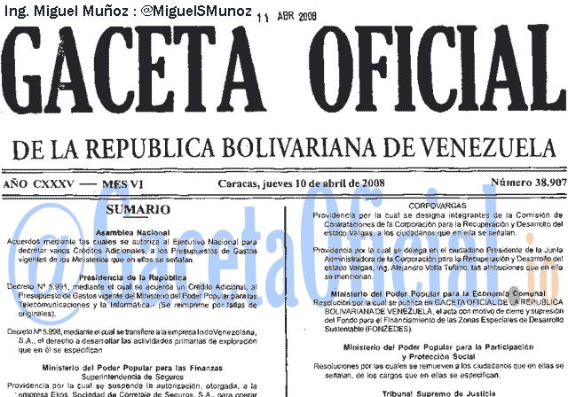 Gaceta Oficial 38907 del 10 Abril 2008