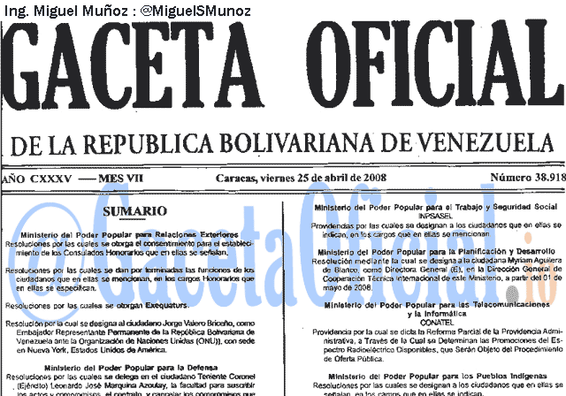 Gaceta Oficial 38918 del 25 Abril 2008