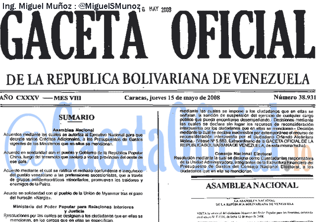 Gaceta Oficial 38931 del 15 Mayo 2008