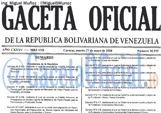 Gaceta Oficial 38939 del 27 Mayo 2008