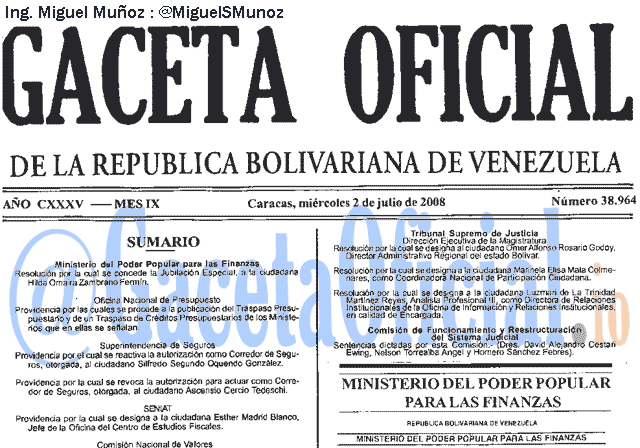 Gaceta Oficial 38964 del 2 Julio 2008