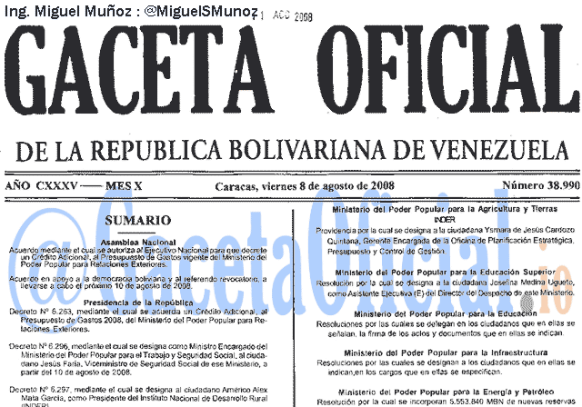 Gaceta Oficial 38990 del 8 Agosto 2008