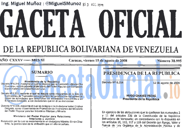Gaceta Oficial 38995 del 15 Agosto 2008