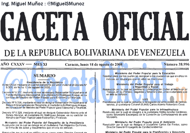 Gaceta Oficial 38996 del 18 Agosto 2008
