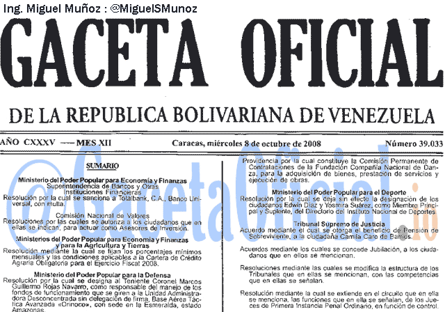 Gaceta Oficial 39033 del 8 Octubre 2008