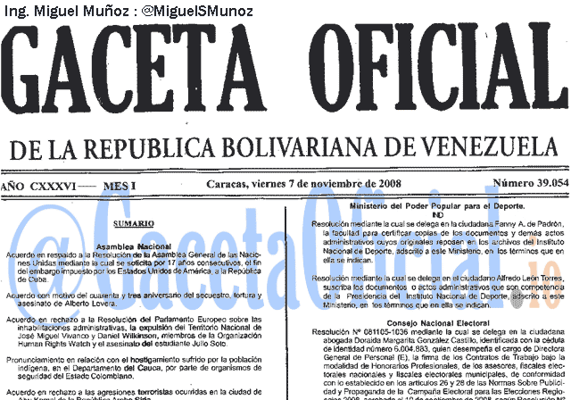 Gaceta Oficial 39054 del 7 Noviembre 2008